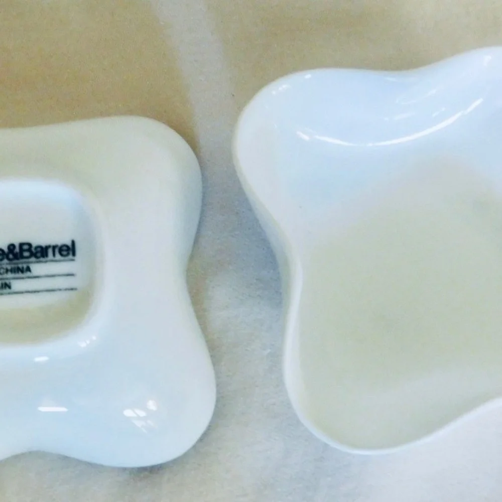 2 Crate & Barrel Ramekin scalloped edge dishes, White Cups for sauces, dips, etc